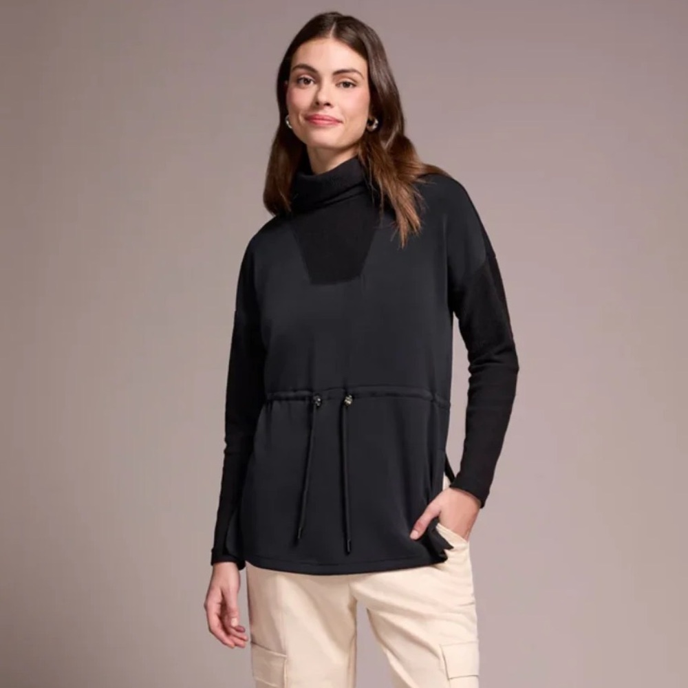 Tribal Jeans Soft Mix Media Turtle Neck Elastic Waist Top in Black NEW Petite L